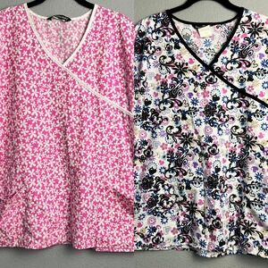 Set of 2 Samantha Mara‎ Floral Scrub Top Bundle Short Sleeve Medical Uniform XL